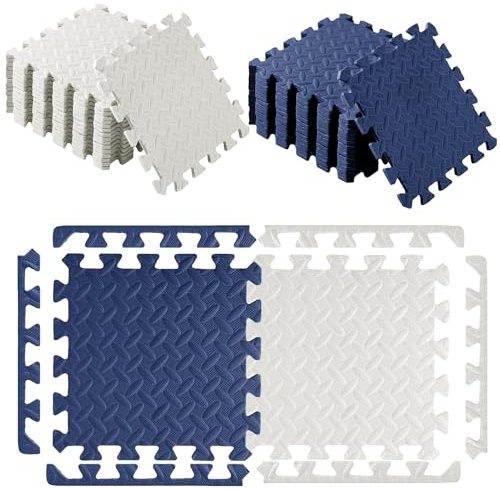 Aotusoa Tappetino protettivo per pavimento, spessore 1 cm, set professionale, 30 x 30 x 1,0 cm, in EVA, antiscivolo, per il fitness, per lo sport (blu e bianco, 24 pezzi + listelli, 2,16 m²)
