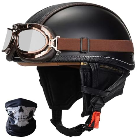 SYEBVTQ Vintage German Motorcycle Half Helmet, Leather Motorbike Half Helmet, ECE/DOT Approved Adult Men Women Retro Open Face Helmet, with Goggles, for Bicycle Cruiser Scooter