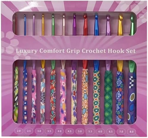 igadgitz home U7307 Juego de 12 agujas de crochet de lujo con diseño ergonómico y agarre cómodo (2-8 mm) - Patrón Patchwork