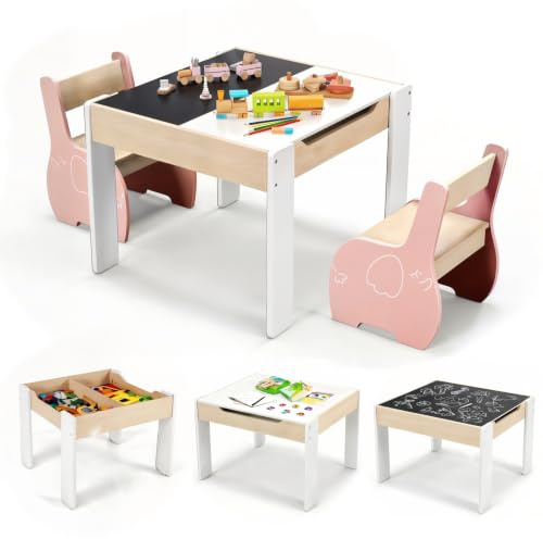 GOPLUS 4 en 1 Table Enfant avec 2 Chaises en Forme d’Éléphant, Blanc+Rose | Table d’Activité avec Plateau Rabattable à Double Face Tableau Noir/Blanc, Petit Bureau Enfant avec Rangement pour 3-6 Ans