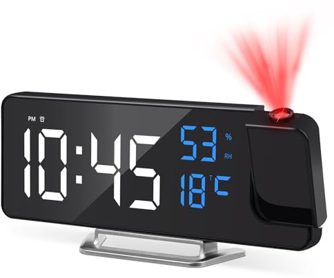 Cuteefun Sveglia con Proiettore Soffitto, Sveglia Digitale da Comodino con Temperatura e Umidità, Luminosità Regolabile, Snooze, Orologio con Proiezione Ora Soffitto per Camera da Letto, Cifre Blu