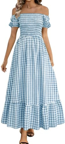 Robe longue vichy à épaules dénudées pour femmes, corsage smocké, manches bouffantes, coupe trapèze, ourlet à volants, robe d'été décontractée pour vacances d'été