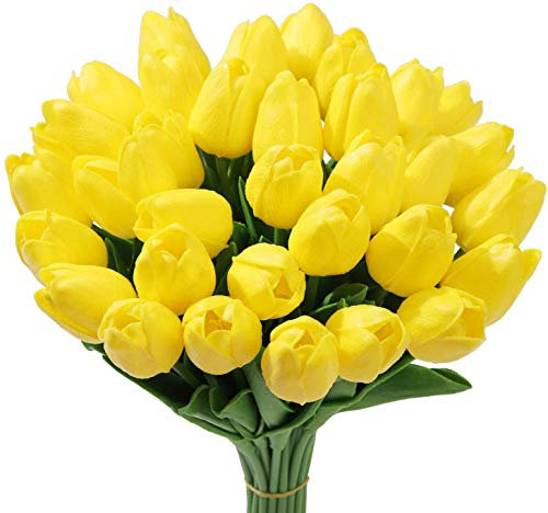 Tifuly 24 pcs Tulipes artificielles en Latex, réaliste Simple Tige Tulipe Faux Bouquets de Fleurs de mariée pour la Maison, Mariage, fête, décoration de Bureau, Arrangements Floraux (Jaune)