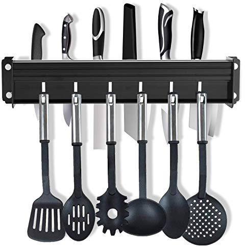 Yareta Porte Couteau Mutal, Porte Ustensiles Cuisine avec 7 Crochets, Support de Cuisine en aluminium, 40cm (Noir)