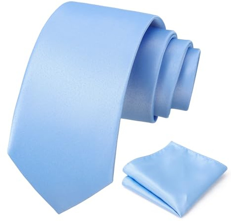 PenSee Men's Light Blue Tie Set Solid Pure Color 3.15 (8CM) Classic Formal Plain Necktie and Pocket Square Set For Men