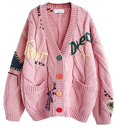 CHARTOU Maglia da Donna in Maglia a Cavo Grosso con Ricamo a Bottone, Giacca a Maglieria, Rosa, L