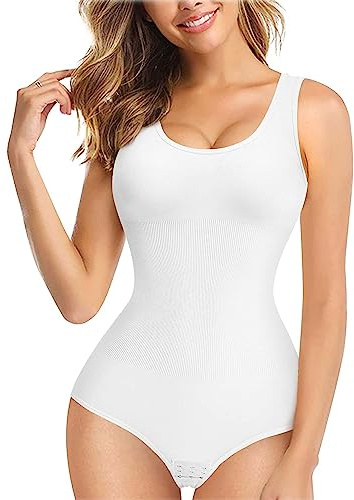 Bafully Women Shapewear Bodysuit Round Neck Tank Tops Seamless Waist Trainer Vest Tummy Control Full Body Shaper (White, XL-2XL)