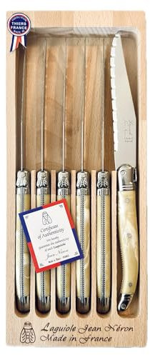 LAGUIOLE Steak Knives Set of 6 - Serrated Blades 1.5mm & ABS Handles with Stainless Steel and Dishwasher Safe - Steak Knife Set with Presentation Box – Sharp Knives Set Made in France