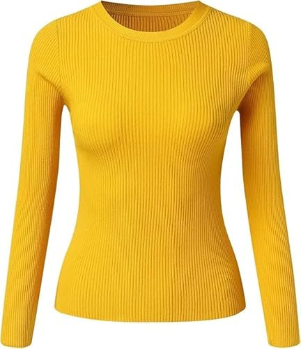 UIILO Thermo Oberteil für Damen Rundhals Strickpullover Gerippte Tshirts Unterhemd Basic Einfarbig Langarmshirt Enger Gestrickt Pullover Langarm Thermounterwäsche Winter Warme Top（Gelb）