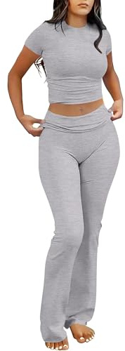 ANRABESS Lounge Sets for Women 2 Piece Foldover Yoga Flare Leggings Pants Crop Tops Casual Y2K Outfits Matching Tracksuit Set Grey Grey X-Small
