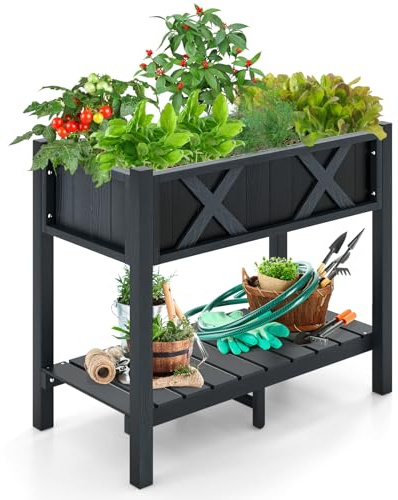 RELAX4LIFE Fioriera da Esterno, Orto Rialzato da Esterno con 12 Fori di Drenaggio, Fioriera Legno con Ripiano Inferiore per Fiori, Erbe e Frutta, per Balcone, Giardino (86x45x73cm, Nero)