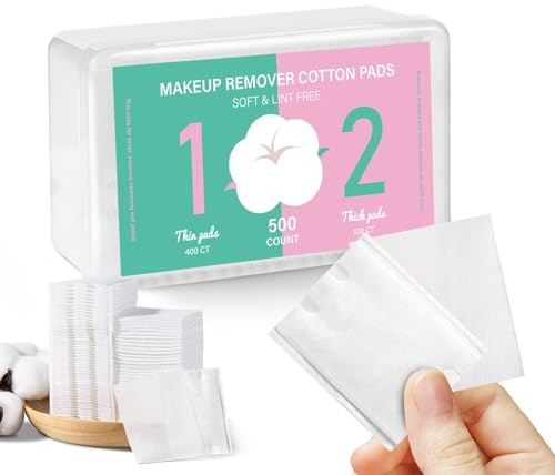 ICOTLE Square Makeup Cotton Pads, 100 Thick and 400 Ultra-Thin, Soft, Lint-Free Pads for Makeup Removal, Toner Application and Daily Skincare