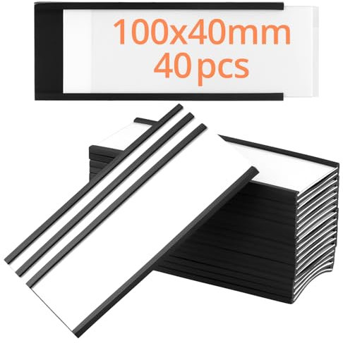 QWORK® 40 Piezas Etiquetas Magnéticas 40x100 mm, Escribibles con Película Protectora Transparente para Estantes Metálicos, Armarios y Pizarras Blancas