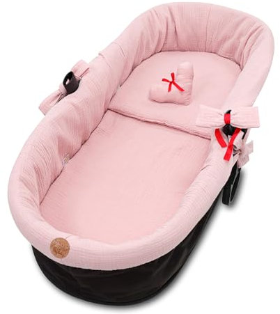 Stubenwagen Umrandung Musselin - Nestchen für Kinderwagen und Buggy Babybett Zubehör Babywanne und Kinderwagenzubehör Set 3-teilig Schonbezug mit Kissen und Einlage Rosa