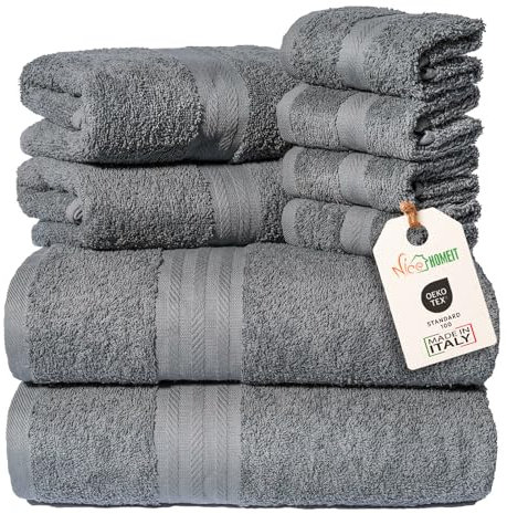 nice homeit Juego de Toallas de algodón 100%, 8 Piezas, Toallas de baño, Fabricadas en Italia, Gimnasio, Hotel y SPA, Muy absorbentes (Gris Oscuro)