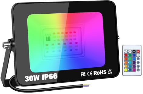PICAA LED Floodlight Outdoor 30W, RGB Dimmable Colour Changing Flood Lights, Wall Garden Party Stage Light Work Lamp IP66