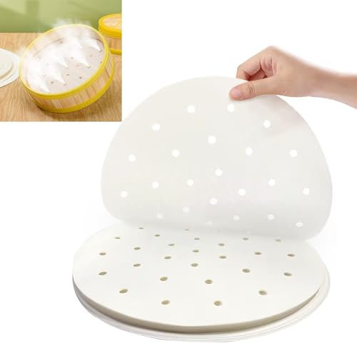 Kisstta 25 cm Backpapier für Heißluftfritteuse, 50 Stück Rund Antihaft Pergament Papier Als Dim Sum Papier, Dampfgarer Papier für Heißluftfritteuse, Bambusdämpfer, Steamer Liner