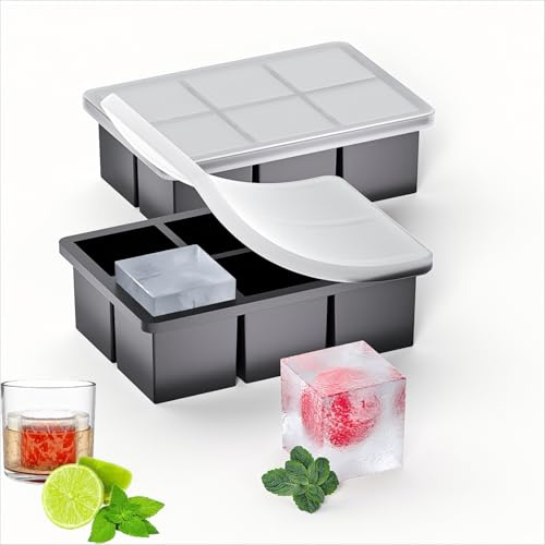 Lifhety 2-pack Iskubsbricka, stora iskubsformar för enkel frigöring, stor iskubsbricka i silikon med lock för frys, stapelbar fyrkantig isbricka gör 12 isbitar för cocktails whiskyjuice kaffe