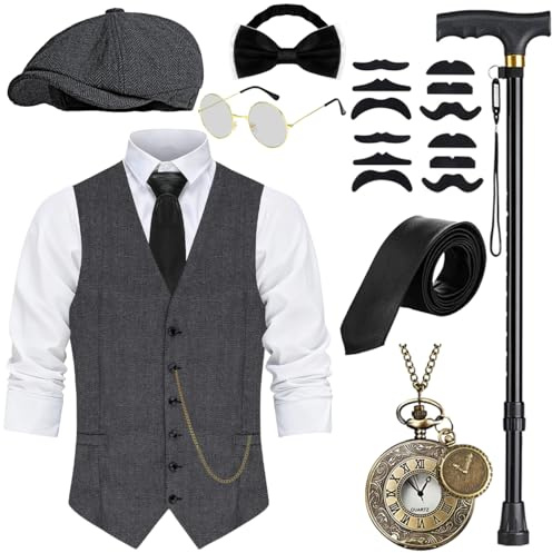 WILDPARTY Costume anni '20, gilet da uomo con accessori, pieghevole, stampella, orologio da tasca, baretto, occhiali, cravatta, papillon, per costume da mafia 1920S Gangster Peaky Blinders Carnevale