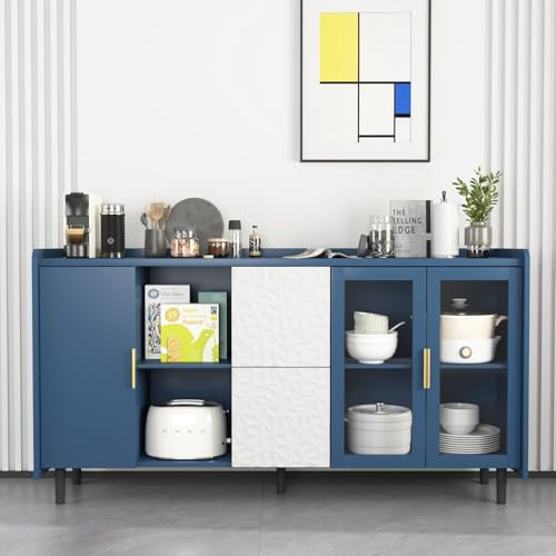 KOMHTOM Armoire de Rangement en MDF avec 3 Portes et 2 Tiroirs,150x40x80cm Armoire Moderne,Buffet en Bois pour Cuisine et Salon (Bleu)
