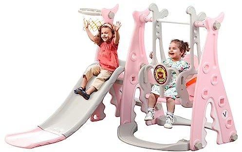 Tobogán y Columpio para niños pequeños, Juego de Escalada con tobogán 4 en 1 para bebés con Columpio, tobogán trepador y Baloncesto, toboganes para niños para Interiores y Exteriores (Tiburón+Rosa)