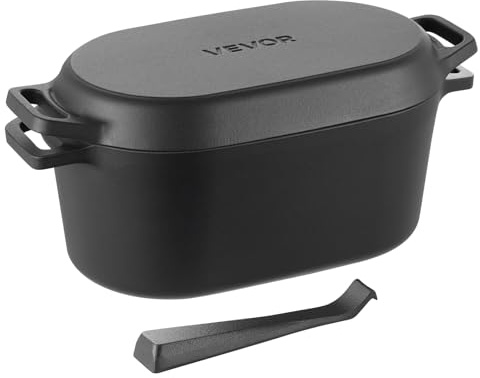 VEVOR Horno Holandés de Hierro Fundido Esmaltado de 3,31 L, para Hornear Pan de Masa Madre, Olla Robusta con Tapa y Asas, hasta 260 °C, para Guisos, Cocinar y Freír, Negro, 330 x 170 x 150 mm