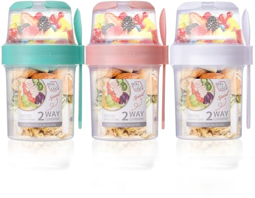 Nymblis 3 Pcs Overnight Oats Container, Yogurt Pots with Lid and Spoon, Reusable Breakfast Pots, 2-Tier Cereal Cup On The Go for Salads Fruit Yogurt Oatmeal (310ml+560ml)