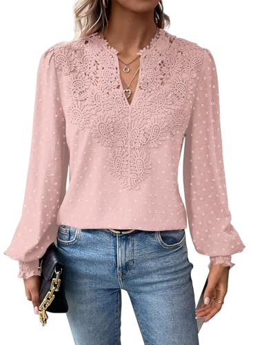 TUUHAW Tunique Femme Grande Taille Chemise Femme Chic et Élégant Manches Longues Bohème Top Col en V Décontracté T-Shirts Automne Fluide à Point Suisse Dentelle Festonnée Haut Rose Pâle XXL