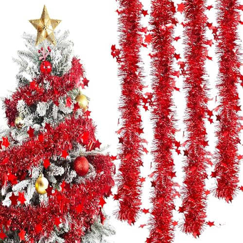 Guirnalda Metálica Brillante, 8PCS x 2M Guirnalda de Oropel de Navidad, Espumillon Arbol Navidad Guir-nalda, Espumillón Navi-Dad Decoracion Adornos (Rojo)