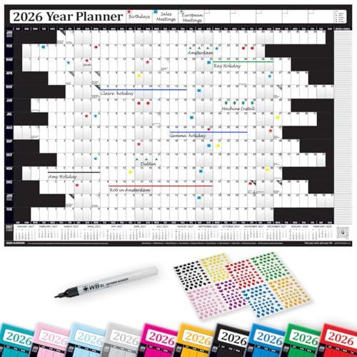 PlannerHead 2026 Laminated Wall Planner/Yearly Calendar 2026 UK & Ireland with Bank Holidays/Dry Wipe Pen & 400 Stickers / 2027 Footnote/Black Medium (35x49cm)