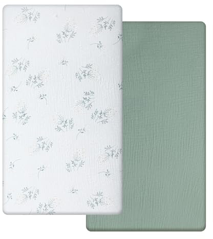Peepeemax Barn spännlakan 70 x 140 cm, 100% muslin bomull lakan barnsäng, mjukt och ventilerande madrasskydd lakan för sidosäng babysängar barnsäng, 2-pack, Grön