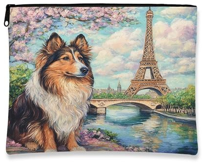 Beauty case con cane Torre di Parigi, astuccio per cosmetici vintage parigino floreale per donne, organizer portatile da viaggio con cerniera, borsa da toilette primaverile per la cura della pelle