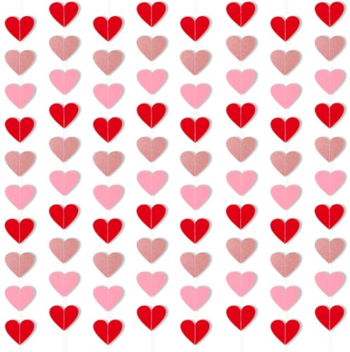 DPKOW 100 Piezas Guirnalda Corazones Decoracion San Valentin con Purpurina Roja y Rosa, Banderines de Guirnalda de Corazón de Papel para Decoraciones Bodas y Aniversarios, Decoração Dia Dos Namorados