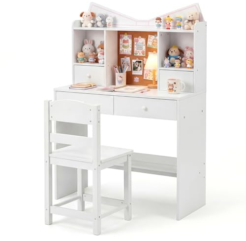 COSTWAY Kids Desk and Chair Set, Wooden Student Study Table with Drawers, Open Shelves, Cork Bulletin Board, Children Computer Workstation for 3-7 Years Old (White)