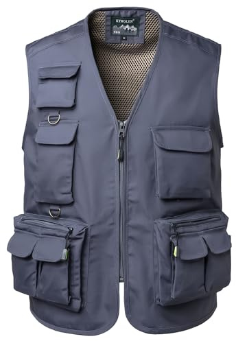 KTWOLEN Gilet de Pêche Homme Multi Poches Photographe Gilet de Chasse Reporter Veste d'été Sans Manche Travail, Gris, XXL