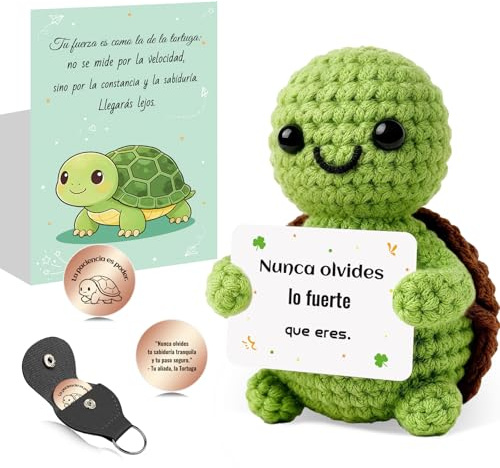 Tortuga Amigurumi Hecha a Mano con Frases Inspiradoras en Español - Peluche Motivacional con Llavero - Regalo Original para Amiga, Novia, Comunión, Cumpleaños o Mujeres -Paciencia y Fuerza (TORTUGA)