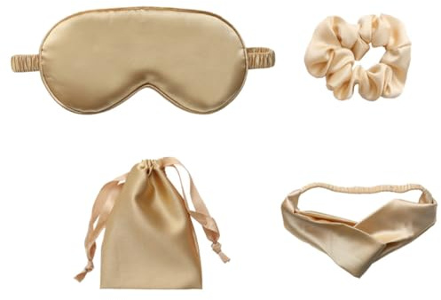 SHOWERORO Set de Pièces Soulager la Fatigue Oculaire pour Lot de 4 S et Masque de Sommeil en Soie Artificielle Or Bandeau Élastique et Paquet de Rangement Pratique Favoriser le Sommeil
