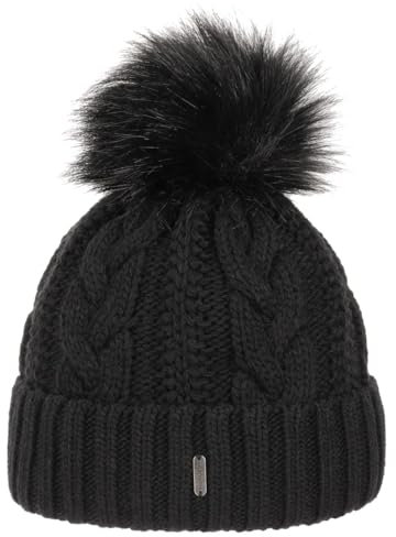McBURN Cable Knit Umschlagmütze Bommelmütze Mütze Pudelmütze Strickmütze Damen - Made in Italy Wintermütze Wollmütze mit Umschlag, Futter, Futter Winter Herbst-Winter - One Size schwarz