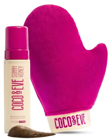 Coco & Eve Sunny Honey Bali Bronzing Self Tanner Mousse Set (Ultra Dark) - All Natural Sunless Tanning Mousse | Instant Self Tanning Lotion with Bronzer with Self Tanning Mitt Applicator (200ml)