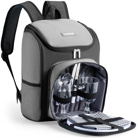 VonShef Picnic Backpack, 2 Person Grey Picnic Hamper with Dining & Cutlery Set & Cooler Compartment, Lightweight Water Resistant Cool Bag, Insulated Camping Accessories