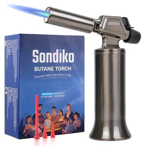 Sondiko Torcia a Butano in Metallo di Alta Qualità, Torcia a Fiamma Grande, Ricaricabile, con Fiamma Regolabile e Antivento, per Cucinare, Barbecue, Saldatura Fai Da Te(Gas Butano non Incluso)