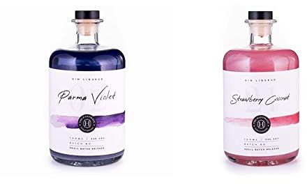 Shimmering Parma Violet Handmade Gin Liqueur 70cl - Premium Craft Gin - 20% ABV & Shimmering Strawberry Coconut Handmade Gin Liqueur 70cl - Premium Craft Pink Gin - 20% ABV