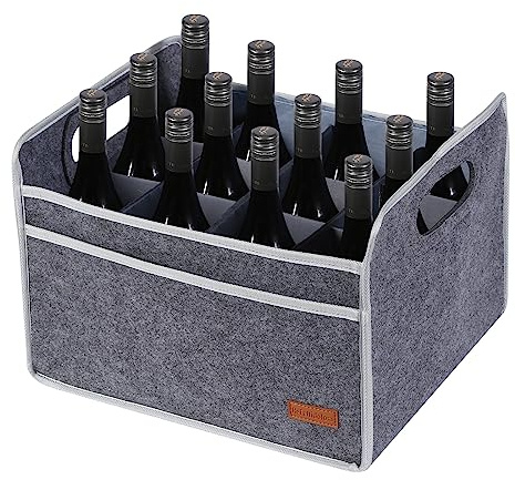 ReFeltidolom 12 Bottle Wine Carrier, Thicken Felt Wine Carry Case Collapsible Bottle Storage Box Liquor Tote with Handles for Travel, Party, Picnic (Gray)