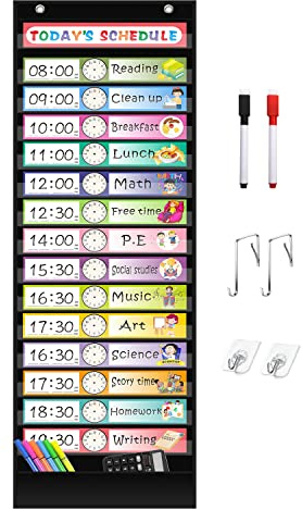 REGELETO 15+1 Pockets Daily Schedule Pocket Chart with 30 Pcs Double-Sided Reusable Cards, Scheduling Pocket Chart for Classroom Office Home School Activity(Black)