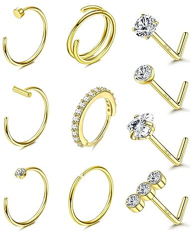 Adramata 10 Stück 20G Nasenpiercing Stecker Chirurgenstahl 14 Karat Gold Nasenpiercing CZ Herz Nasenstecker Nostril Piercing für Damen Herren L-förmiger Nasenring Silber/Gold Nasenpiercing Schmuck,BG