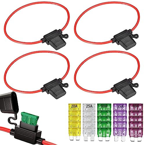 GTIWUNG 5 Stück Auto Sicherungshalter mit 10AWG Draht für KFZ LKW, Flachsicherung Halter Wasserdicht Inline Blade Fuse Holder mit 25-teiligen Mittelgroße Flachsicherungen (20A/25A/30A/35A/40A）