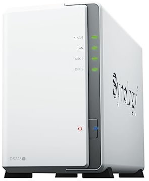 Synology DS223j 2-Bay Diskstation NAS (Realtek RTD1619B 4-Core 1.7 GHz 1GB DDR4 Ram 1xRJ-45 1GbE LAN-Port) Bundle mit 2 x 14TB WD RED Plus HDD (WD140EFGX - 68B0GN0)