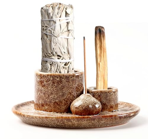 MKLZ Quemador de incienso de cerámica 4 en 1, soporte para cuenco de salvia, soporte para palos, soporte de palo santo (marrón)