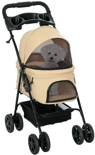 PawHut hundvagn vikbar buggy för hundar och katter upp till 4 kg khaki | Hundvagn, kattvagn, med nätfönster, förvaringskorg, mugghållare, nätfönster, kattvagn