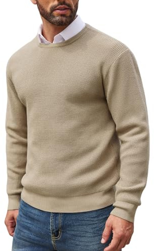 COOFANDY Suéteres de Punto de Cuello Redondo para Hombre, Corte Ajustado, Casuales, Ligeros, con Textura de gofre, de Manga Larga-Gris XL
